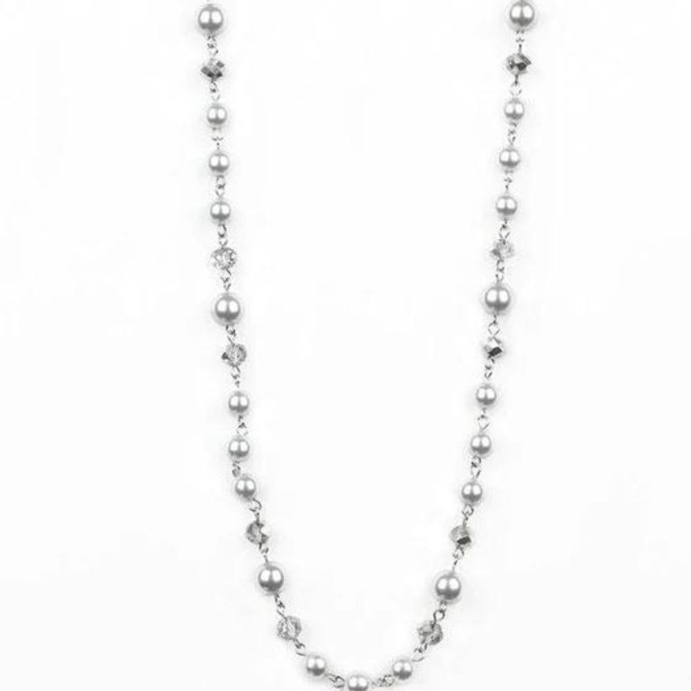 Long Silver Pearl & Crystal Beaded Necklace | Elegant Layering Necklace | NWT